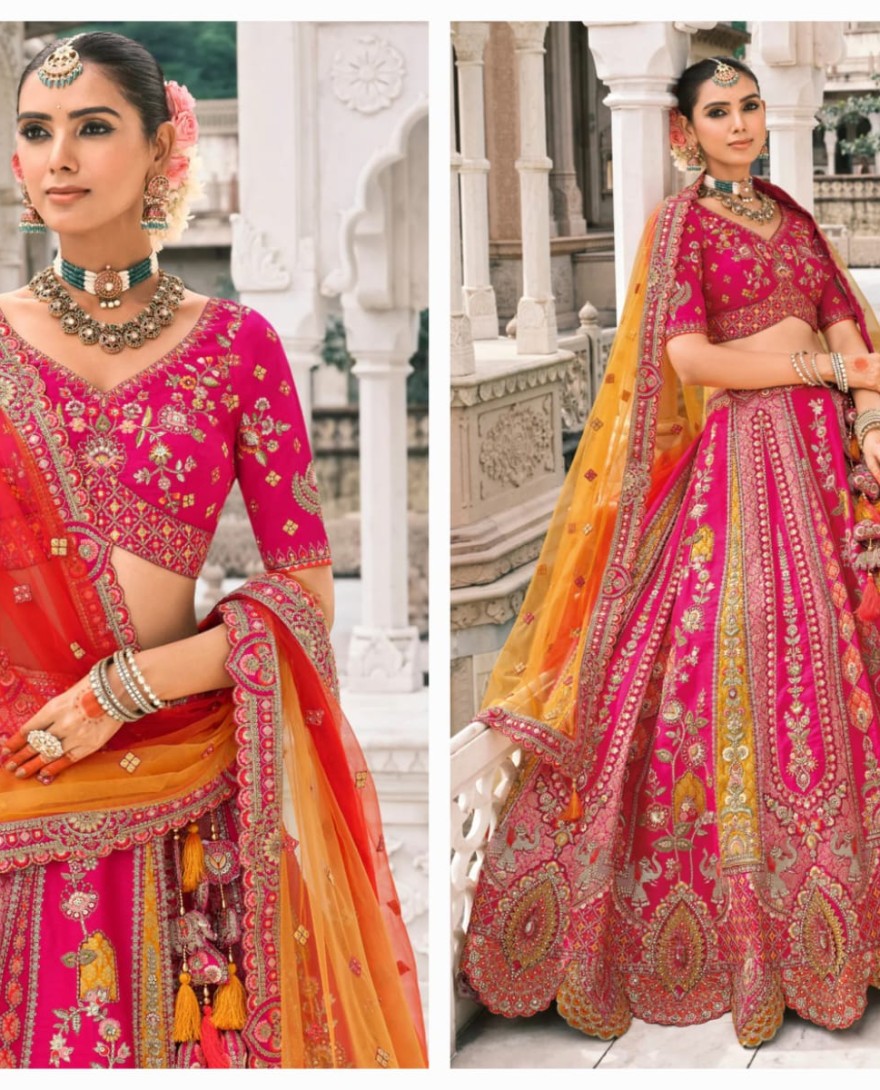 HOTPINK - Hot Pink & Green Fancy Silk Lehenga Choli With Cut Work Embroidery Border & Stone Work